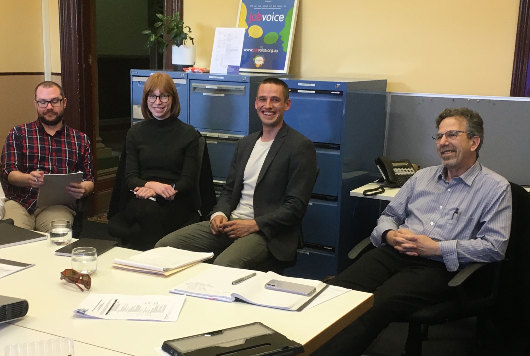 The DSP Help Steering Committee in action. From L-R: Dermott Williams (DSP Help community lawyer), Hannah Mitchell (Paper Giant), Bryn Overend (SSRV), and Len Jaffit (Victoria Legal Aid)