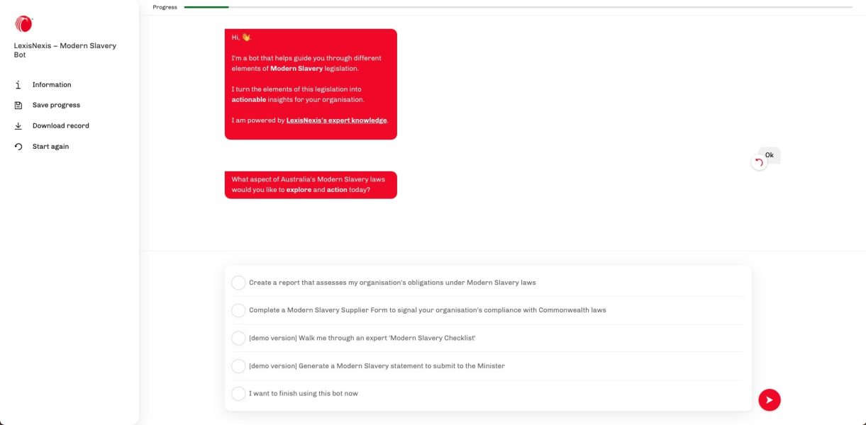 A snippet of the bot built to help LexisNexis users navigate the new Modern Slavery regulations. 